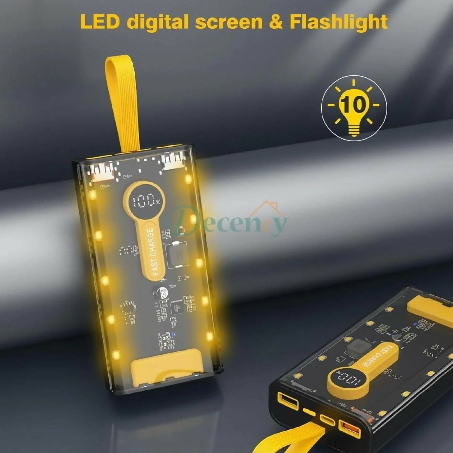 LED digital screen and flashlight with visible brand name on a dark background