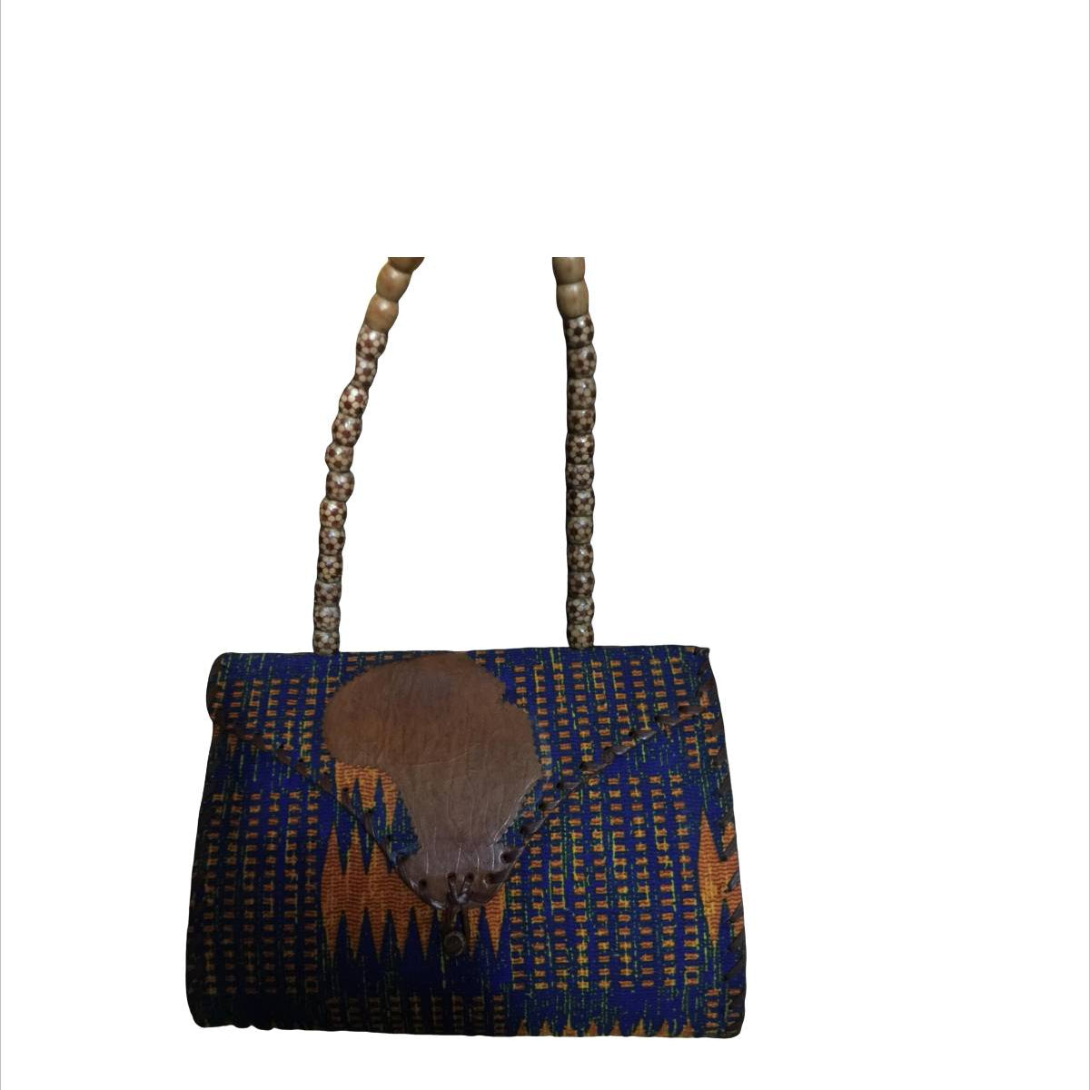 Woven handbag with blue and brown pattern on a white background