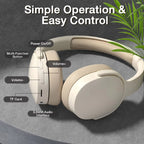 Beige headphones with labeled features on a dark background