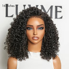 Mannequin head with curly hair styled wig in front of a Luxme branded background
