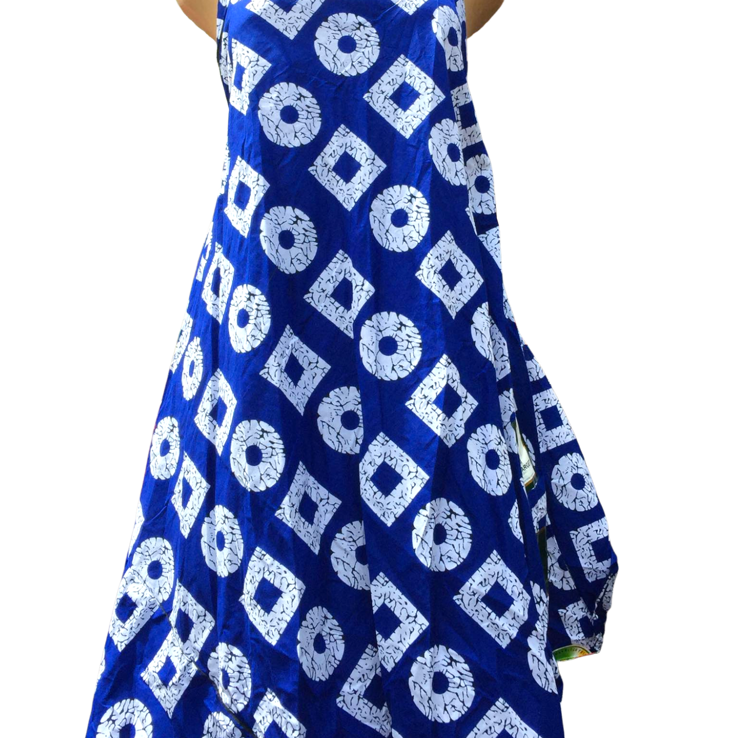 Blue dress with white geometric pattern on a mannequin against a white background