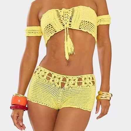 Yellow crochet bikini set on a plain background
