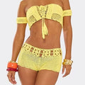 Yellow crochet bikini set on a plain background