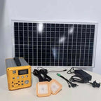Solar panel, battery pack, and lights on a white surface