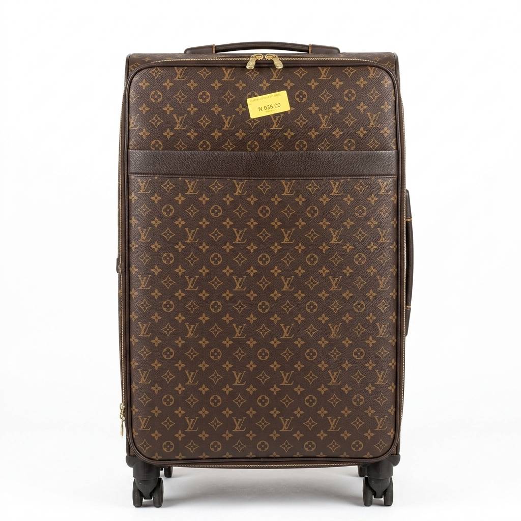 Brown suitcase with monogram pattern on a white background