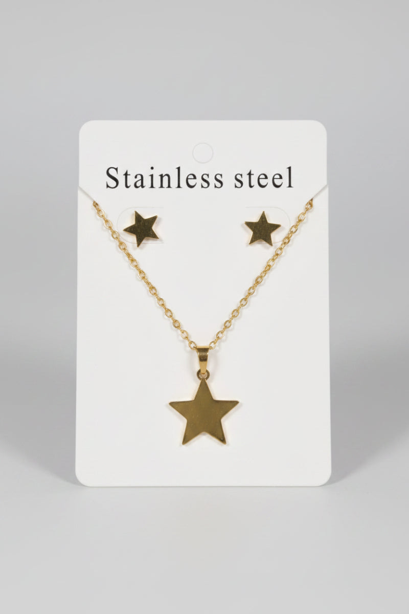 Star-shaped necklace on a card labeled 'Stainless steel' with a dark background