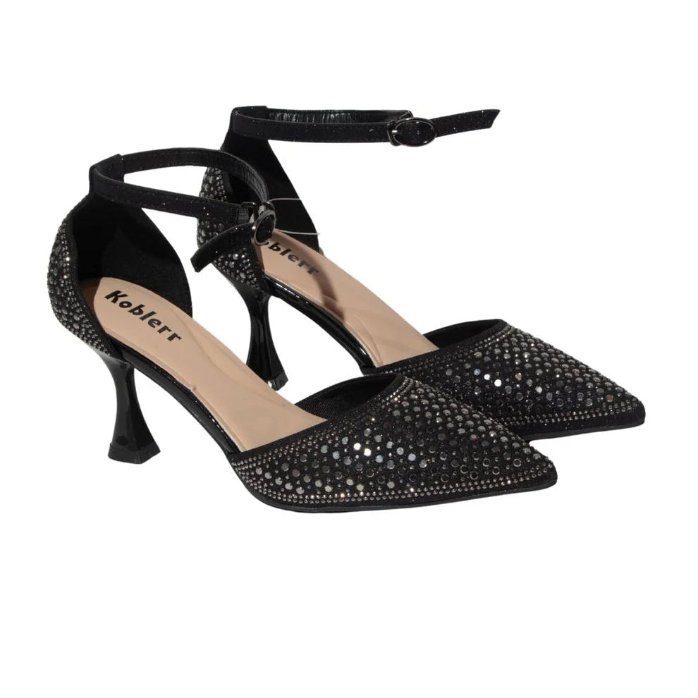 Black high-heeled shoes with rhinestone embellishments on a white background