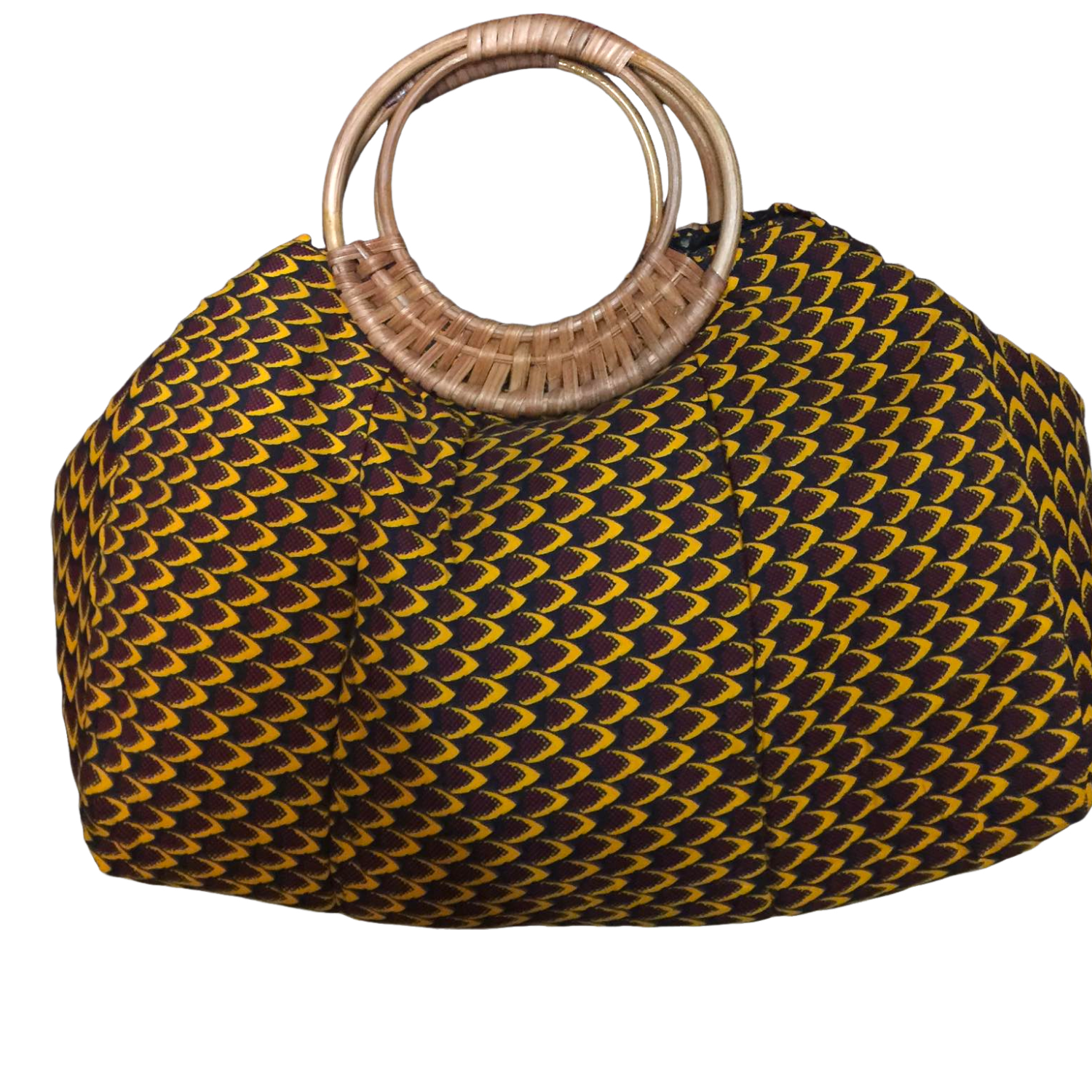 Yellow and black woven handbag with wooden handle on a white background