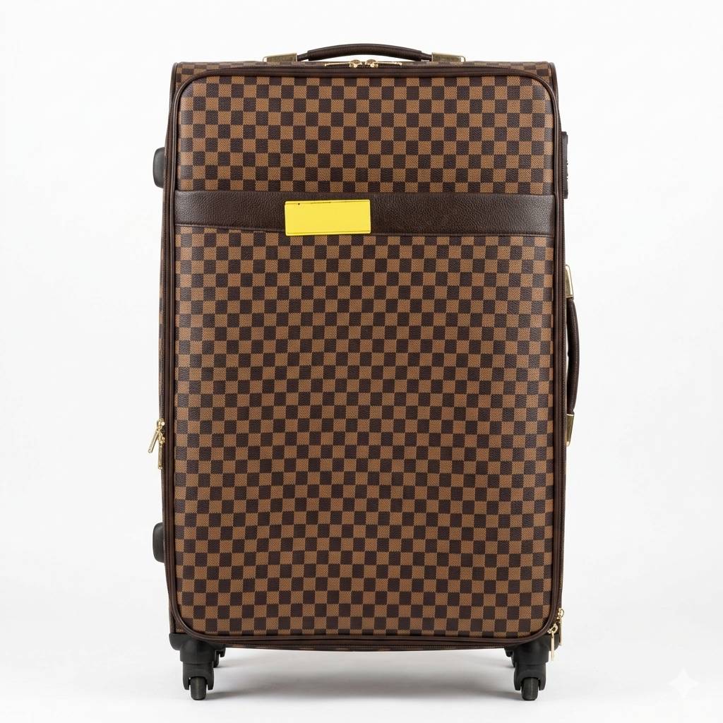 Brown checkered suitcase with a yellow label on a white background