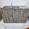 Kitchen cabinet with sink on a marble floor, with text overlay at the top and bottom.