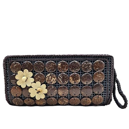 Woven clutch with circular patterns and floral embellishments on a white background