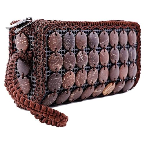 Brown clutch bag with textured surface and decorative elements on a white background