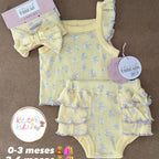 Baby outfit set with ruffled top and bloomers on a brown background, featuring 'Kitty Kids' branding.