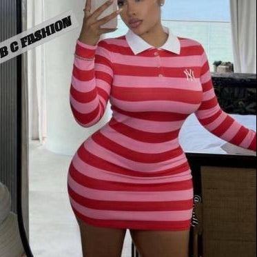 Pink & Red Striped Bodycon Dress