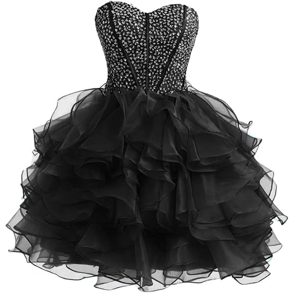 Black strapless dress with floral top and ruffled layers on a white background