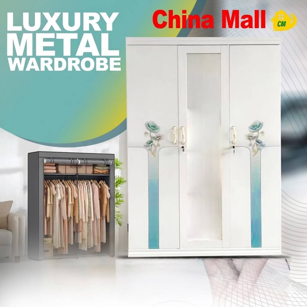 White Three-Door Metal Wardrobe
