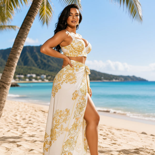 Print Bikini & High-Slit Maxi Skirt