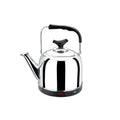 Stainless steel electric kettle with black handle on a white background