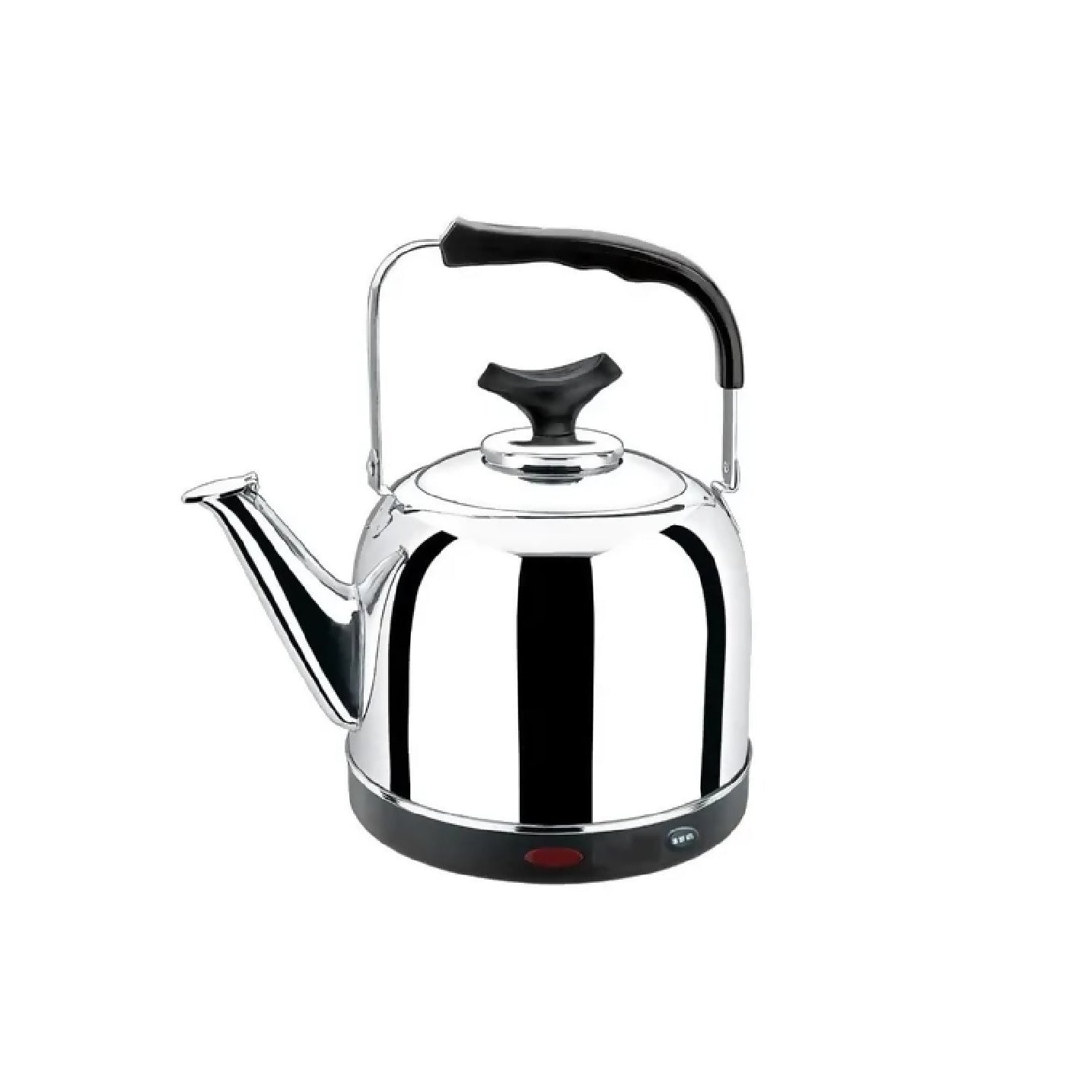 Stainless steel electric kettle with black handle on a white background