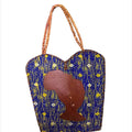 Heart-shaped bag with a blue pattern and brown silhouette on a white background
