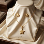 Gold star necklace and earrings on a mannequin bust with 'Boutique' branding.