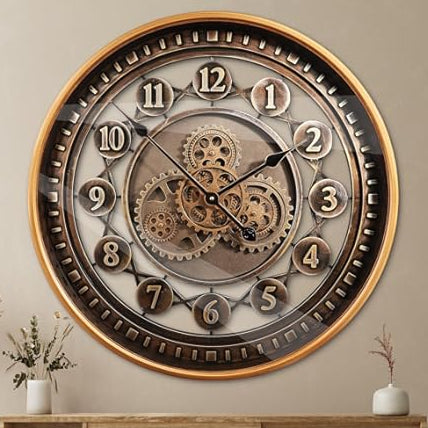 Decorative wall clock with mechanical design on a beige wall.