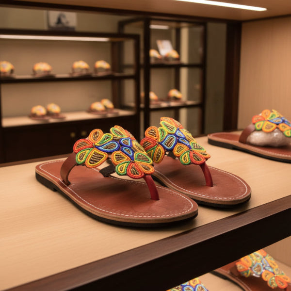 Pair of sandals with colorful beadwork on a blurred background