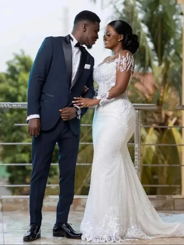 African White Mermaid Wedding Dresses Women Elegant Sheer Long Sleeved Bridal Gowns Lace Country Dress Second Reception Gown