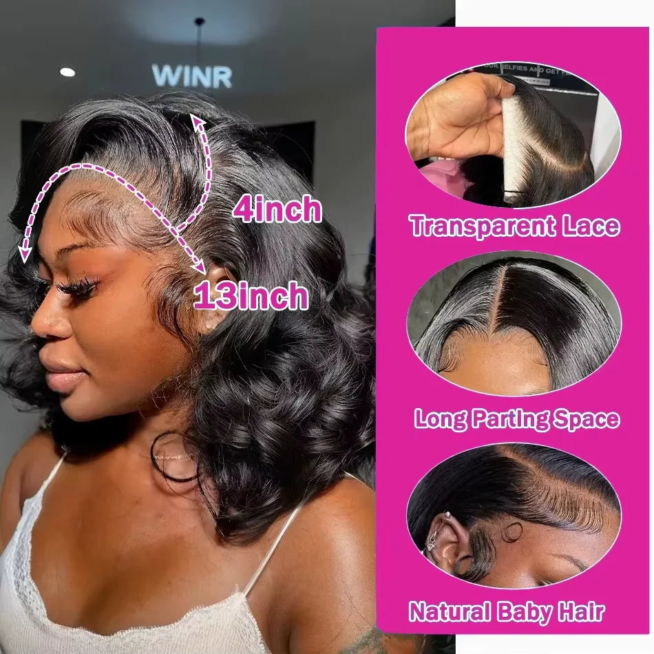 250% Body Wave HD Lace Frontal Wig Short Bob Wig Human Hair Glueless Human Hair Wavy 13x4 Transparent Lace Front Wigs For Women