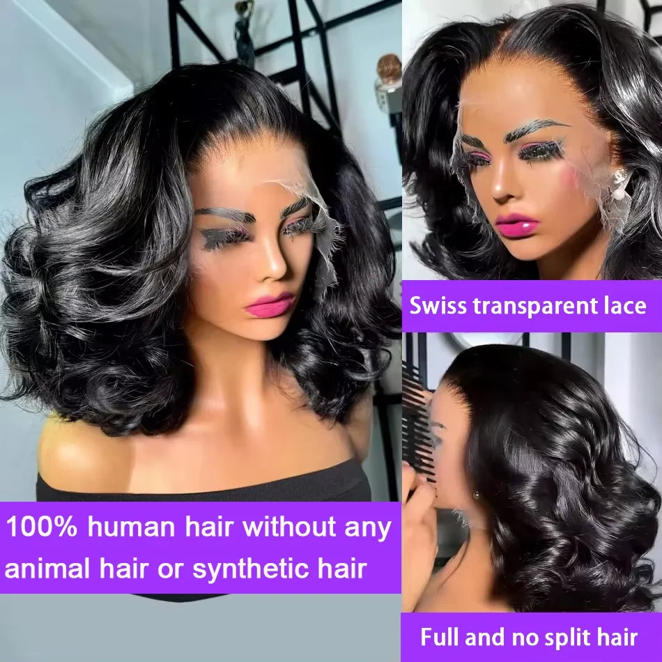 250% Body Wave HD Lace Frontal Wig Short Bob Wig Human Hair Glueless Human Hair Wavy 13x4 Transparent Lace Front Wigs For Women