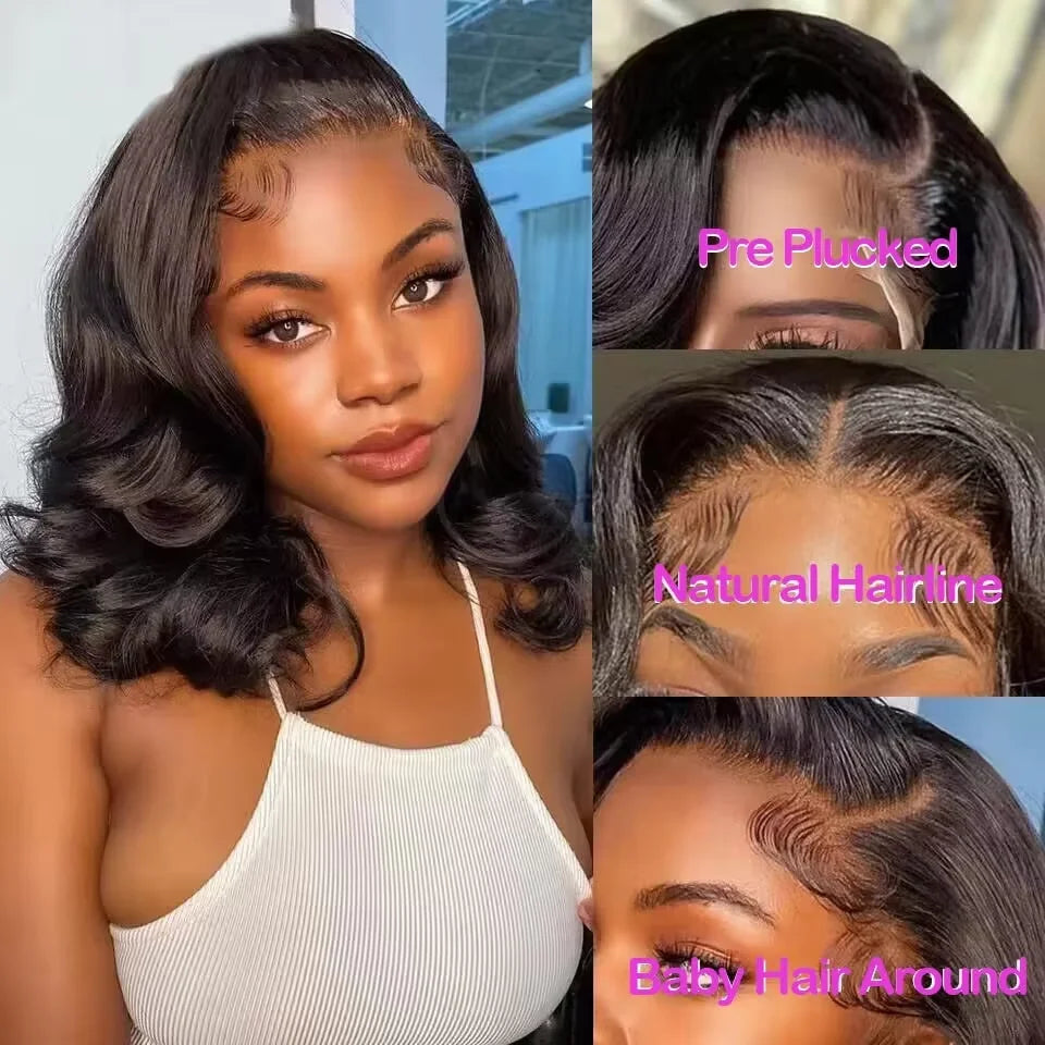 250% Body Wave HD Lace Frontal Wig Short Bob Wig Human Hair Glueless Human Hair Wavy 13x4 Transparent Lace Front Wigs For Women