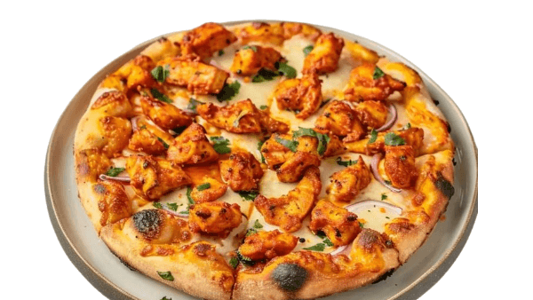 Pizza with chicken pieces on a white background. Chicken pizza from Town Bakery