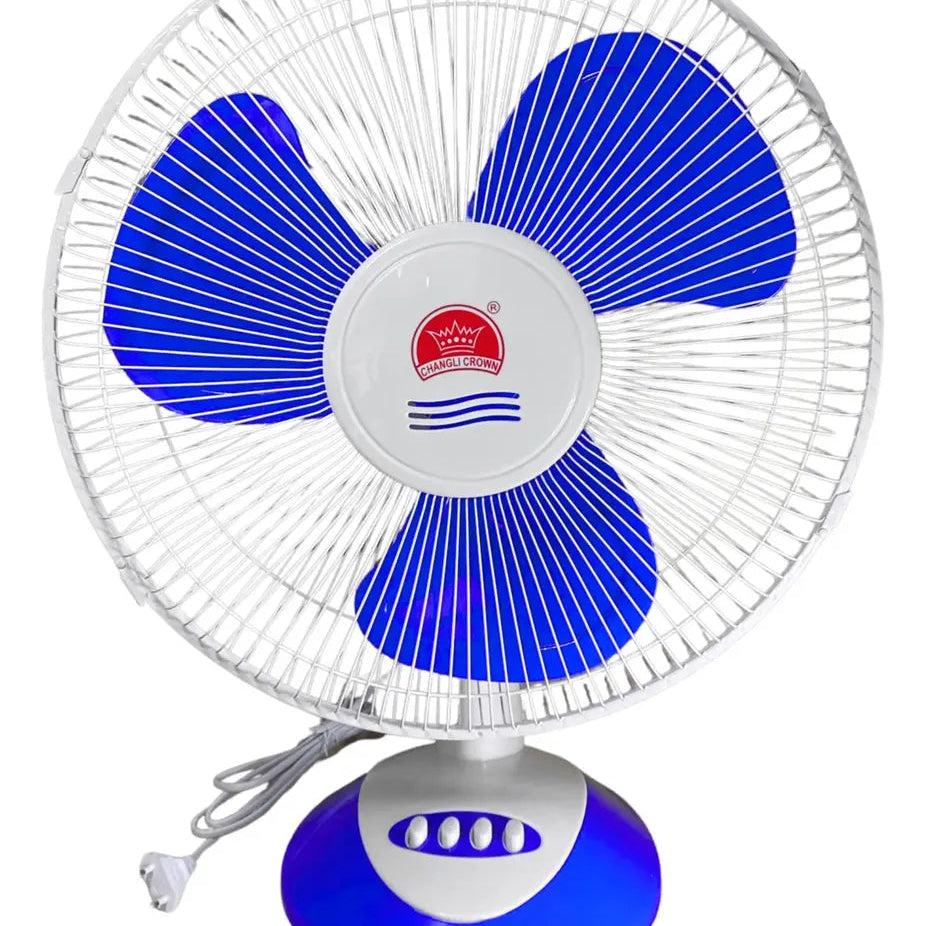 Blue and white oscillating table fan on a white background