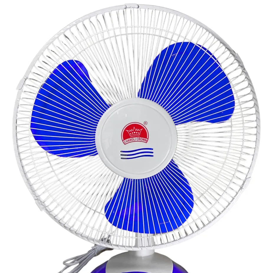 Blue and white oscillating table fan on a white background