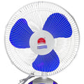 Blue and white oscillating table fan on a white background
