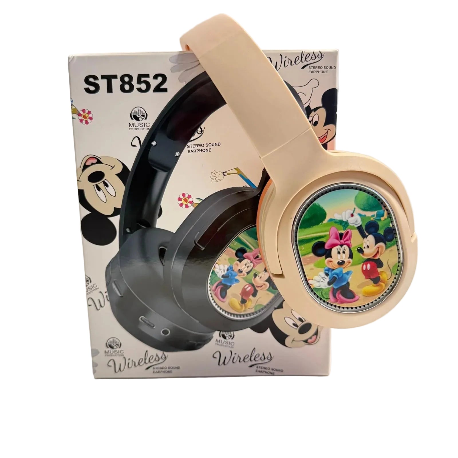 Beige headphones with cartoon characters on a white surface