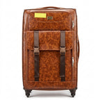 Brown leather suitcase with a visible brand logo on a white background