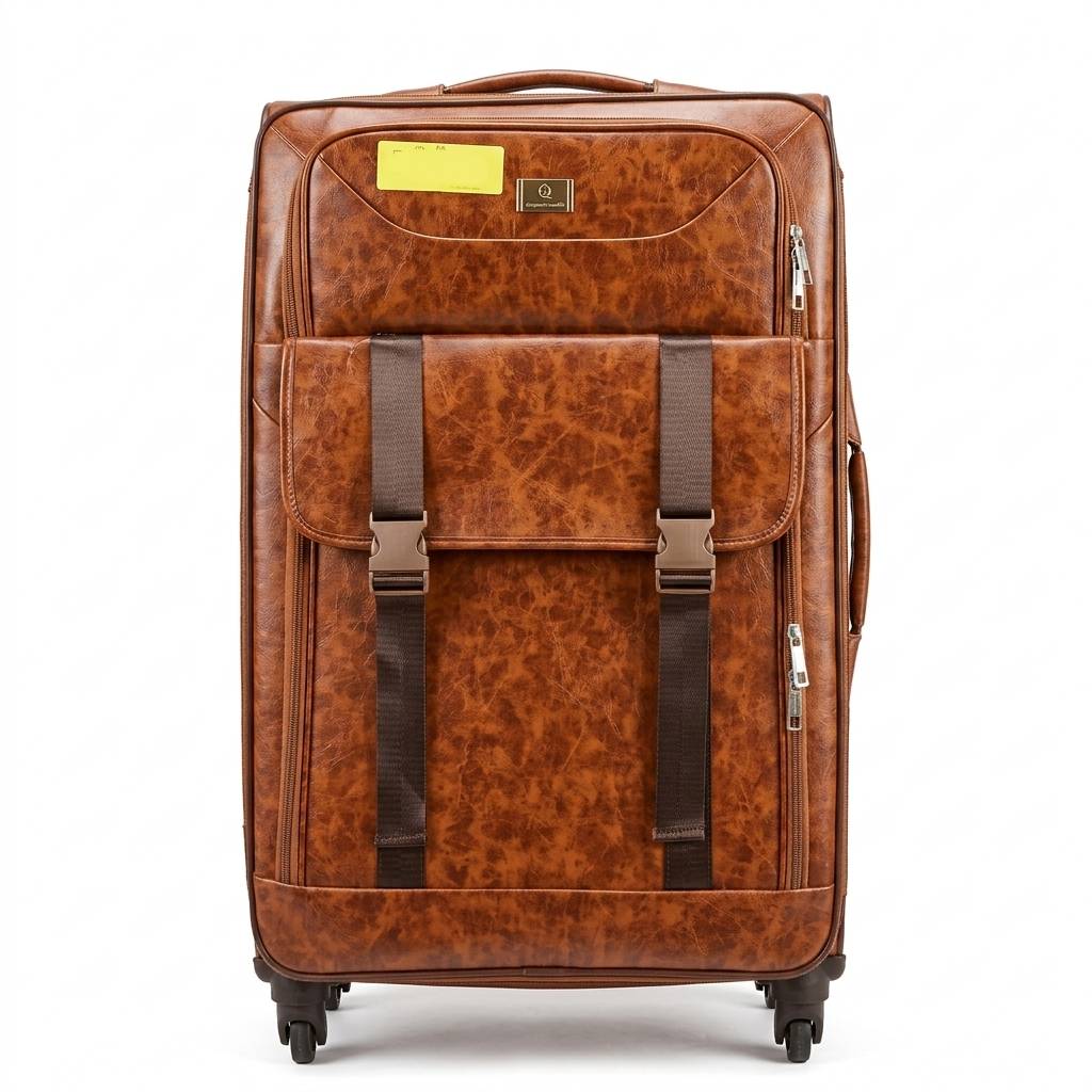 Brown leather suitcase with a visible brand logo on a white background