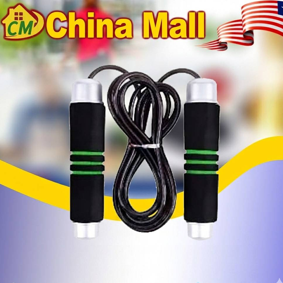 Skip rope with black handles and green accents on a blurred background with 'China Mall' branding.