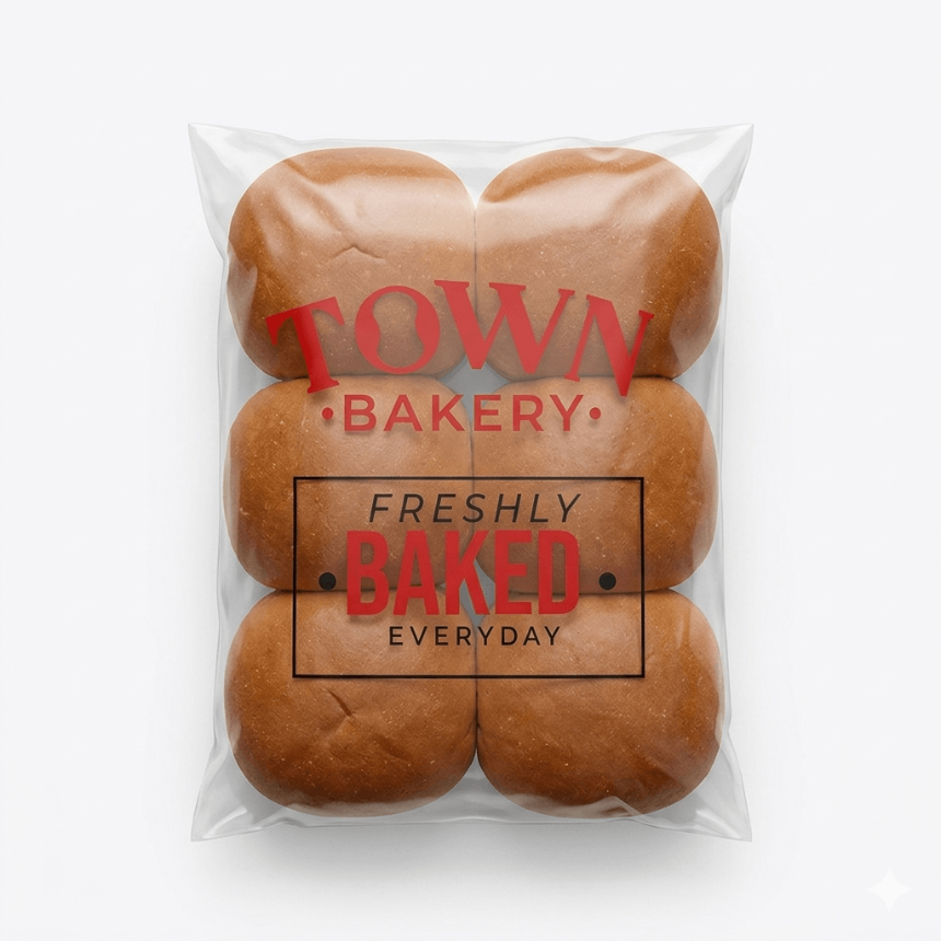 Packaged bread with 'Town Bakery' branding on a white background