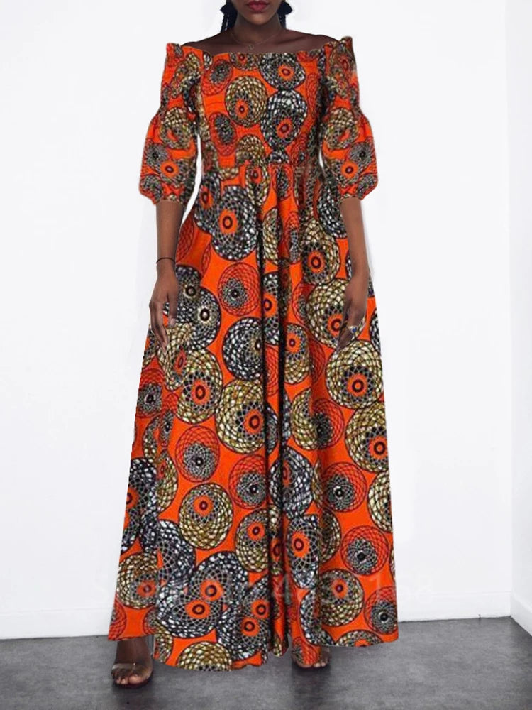 African National Print Party Dress Women Casual Sexy Slash-neck Lady Maxi Dress New Vintage Long-sleeved Loose Elegant Dresses