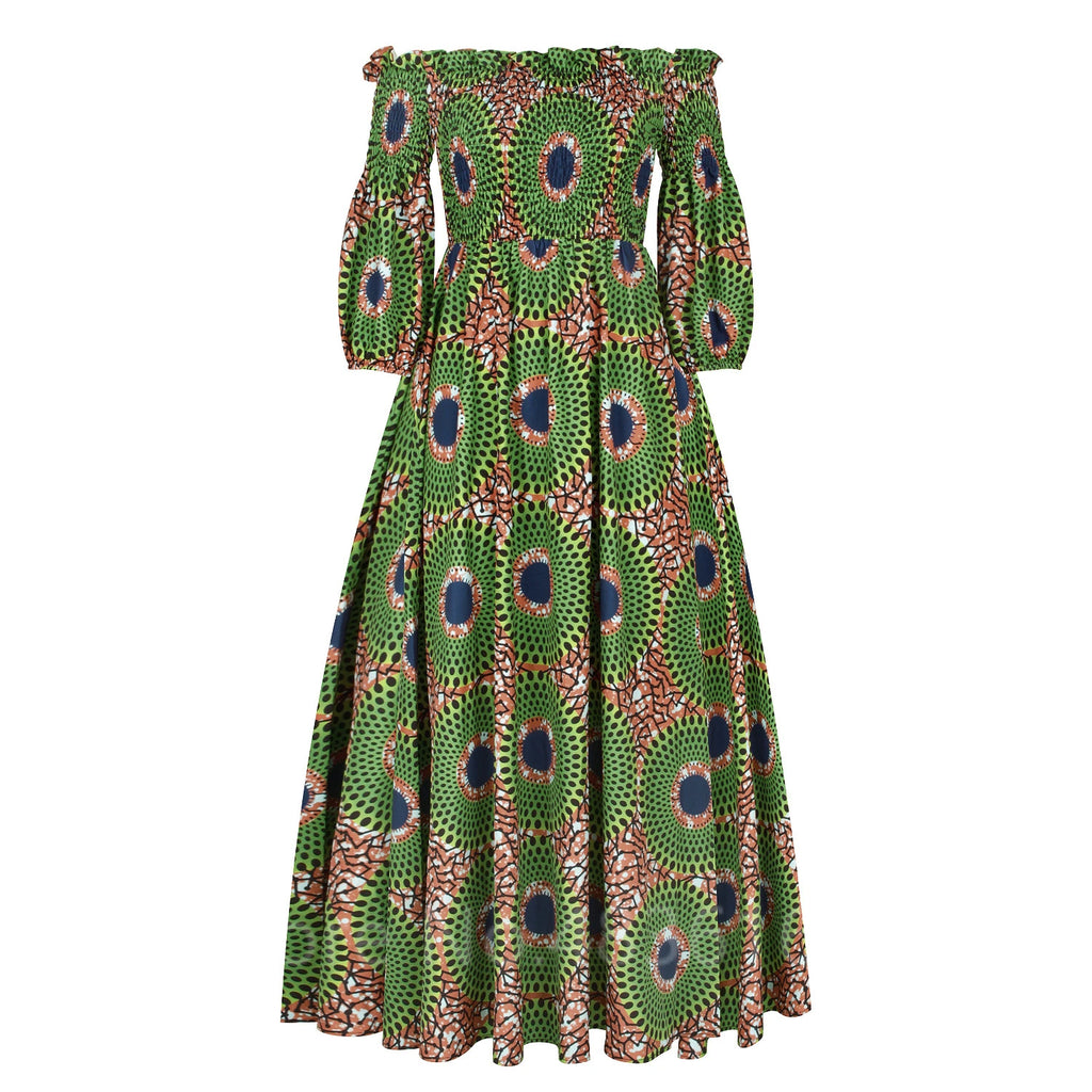 African National Print Party Dress Women Casual Sexy Slash-neck Lady Maxi Dress New Vintage Long-sleeved Loose Elegant Dresses