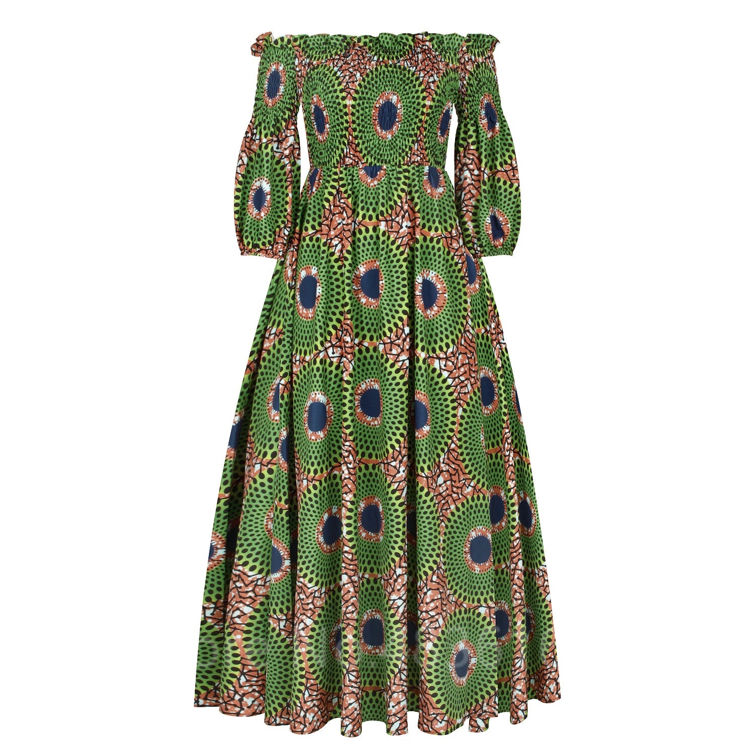 African National Print Party Dress Women Casual Sexy Slash-neck Lady Maxi Dress New Vintage Long-sleeved Loose Elegant Dresses