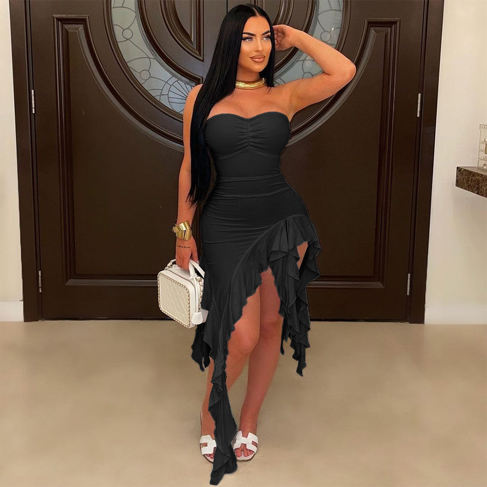 Women's 2026 Strapless Ruffle Fishtail Midi Dress