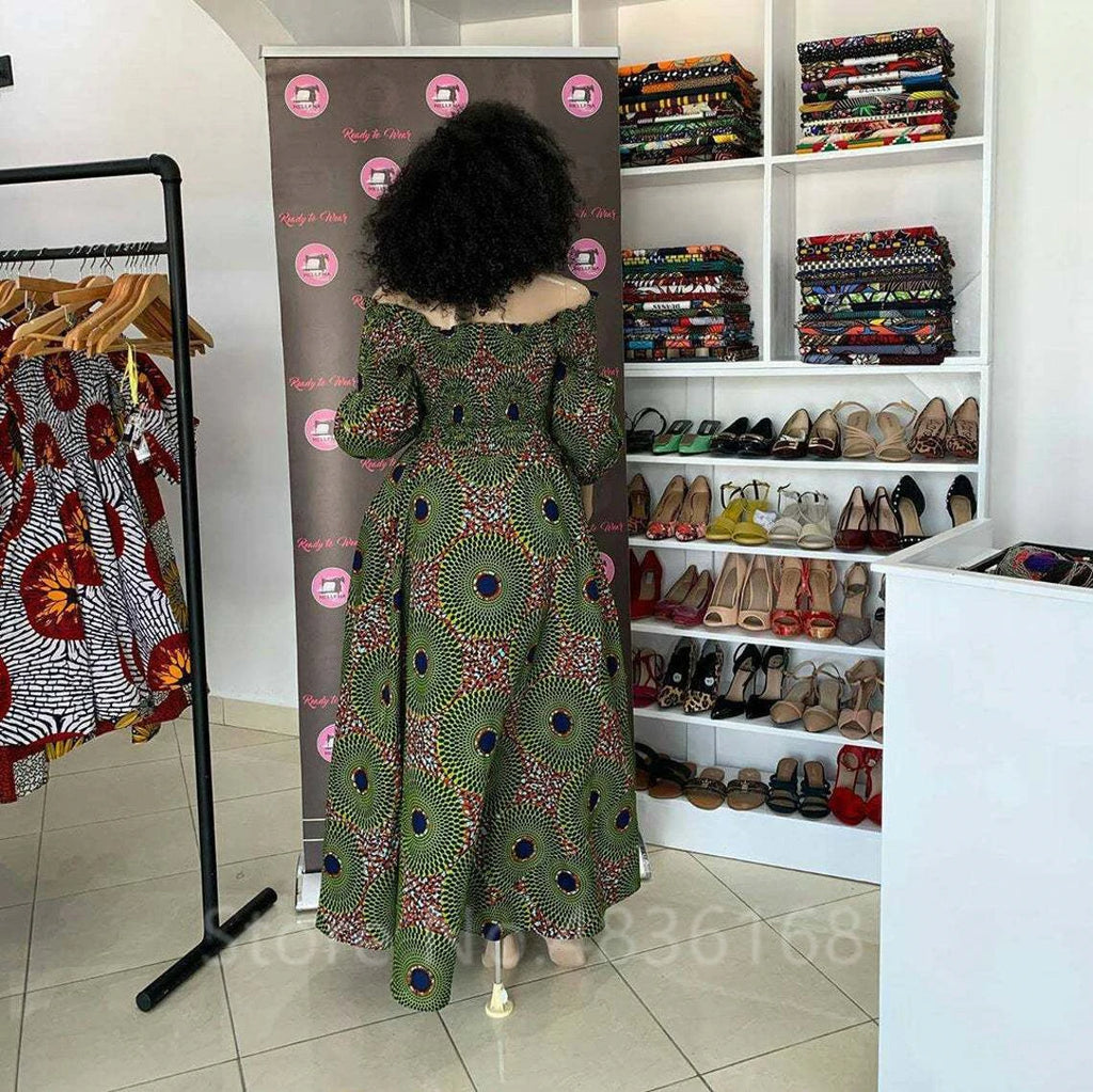 African National Print Party Dress Women Casual Sexy Slash-neck Lady Maxi Dress New Vintage Long-sleeved Loose Elegant Dresses