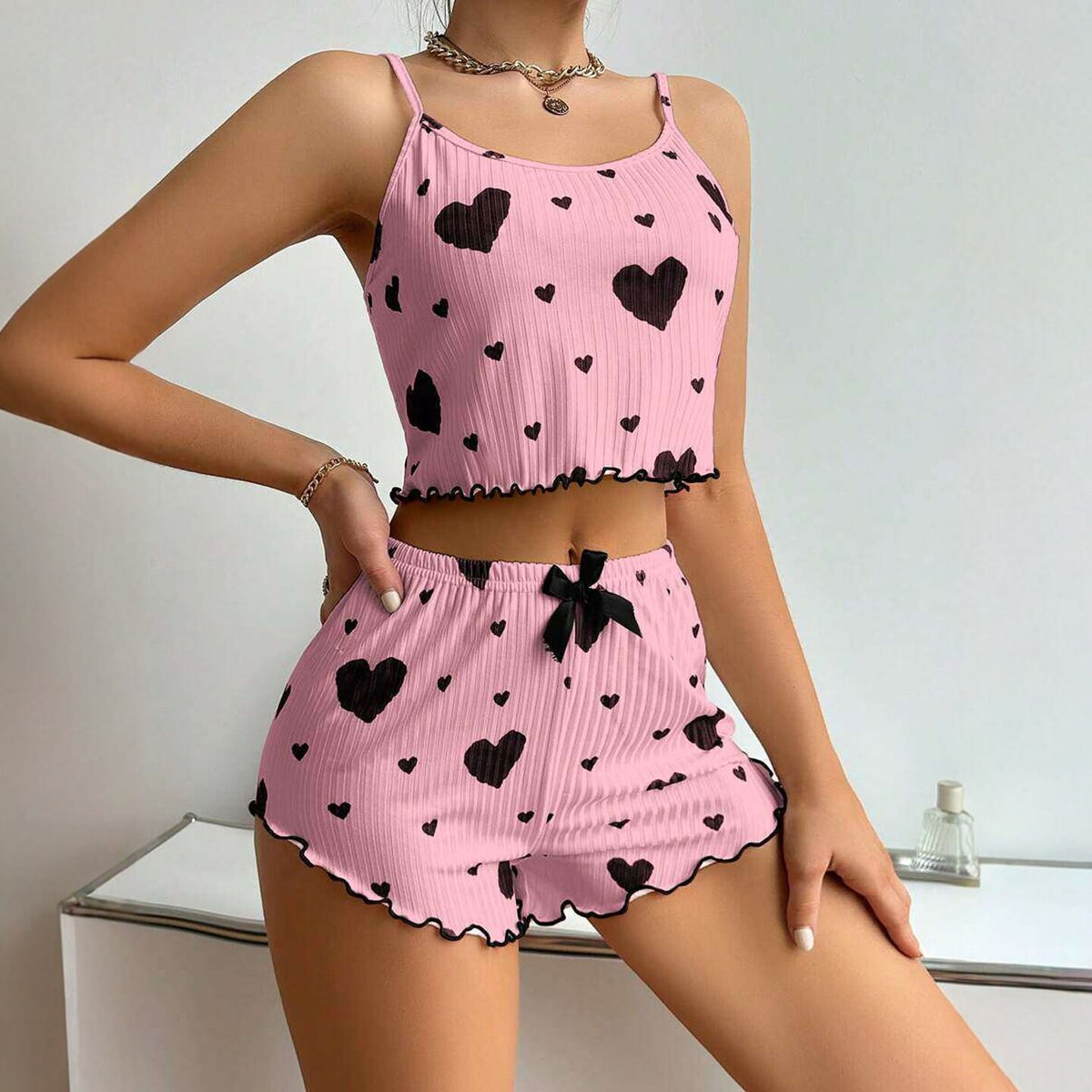 Gen Z Heart Print 2-Piece Cami Pajama Set