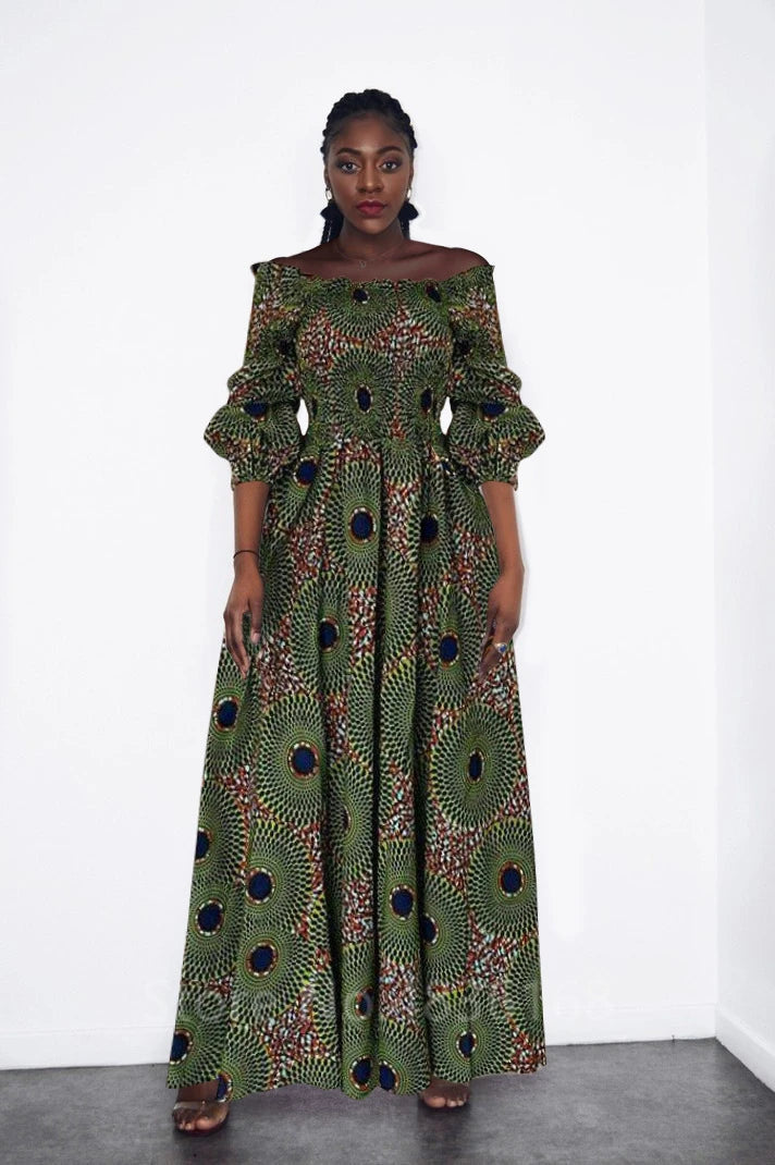 African National Print Party Dress Women Casual Sexy Slash-neck Lady Maxi Dress New Vintage Long-sleeved Loose Elegant Dresses