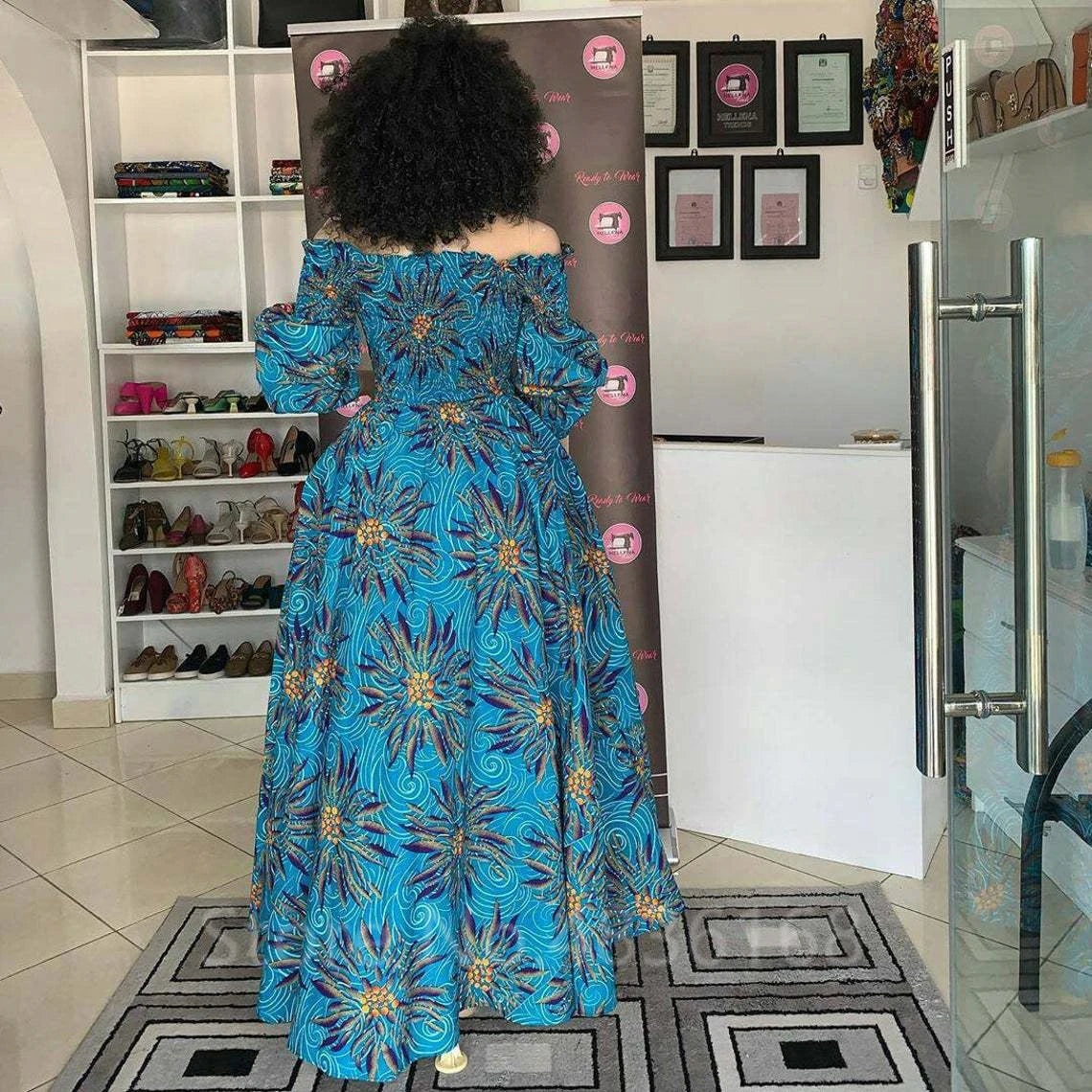 African National Print Party Dress Women Casual Sexy Slash-neck Lady Maxi Dress New Vintage Long-sleeved Loose Elegant Dresses
