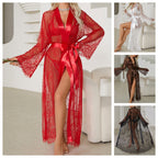 A collage showing a woman wearing a sheer lace robe in multiple colors: a large red robe on the left, and smaller views of white, brown, and black versions on the right. The main robe is red with a satin waist tie and long flared sleeves.
