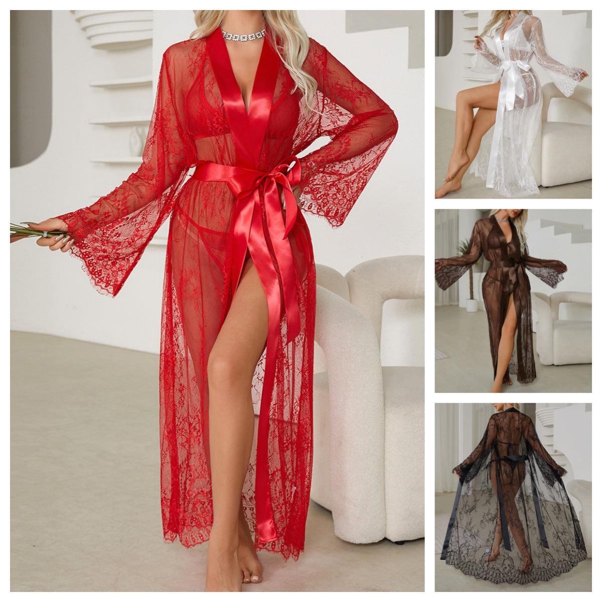 A collage showing a woman wearing a sheer lace robe in multiple colors: a large red robe on the left, and smaller views of white, brown, and black versions on the right. The main robe is red with a satin waist tie and long flared sleeves.
